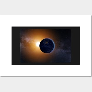 Planet Earth and rising Sun against Milky Way Posters and Art